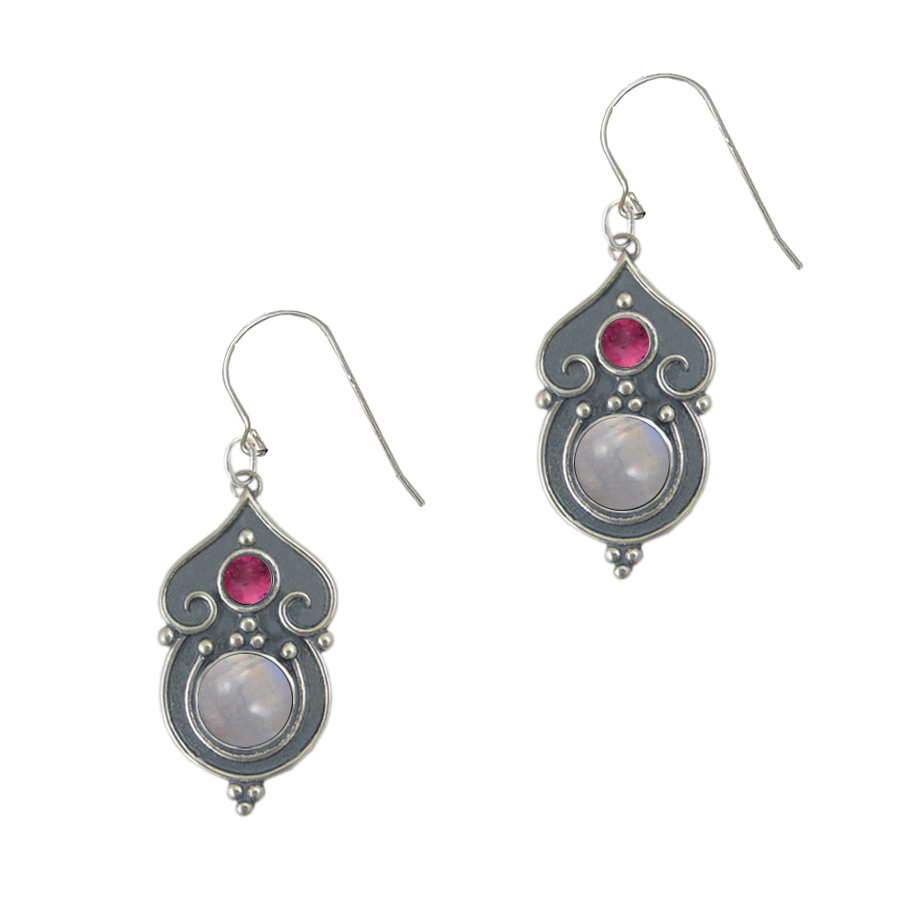 Sterling Silver Gothic Inspired Drop Dangle Earrings With Rainbow Moonstone And Pink Tourmaline